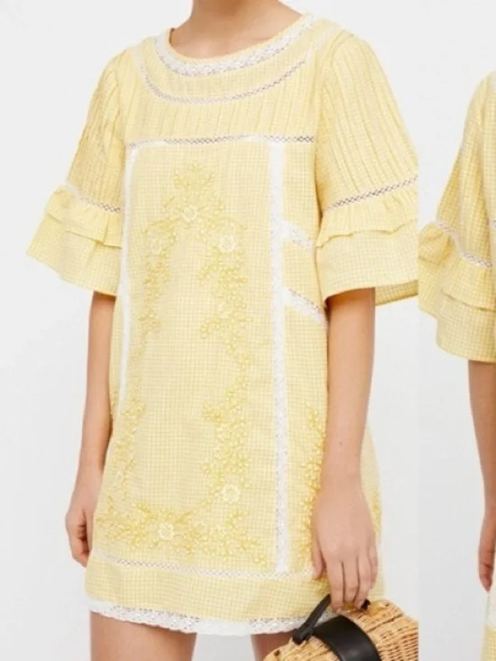 FREE PEOPLE Sunny Day Yellow Gingham Cotton Lace Dress Medium