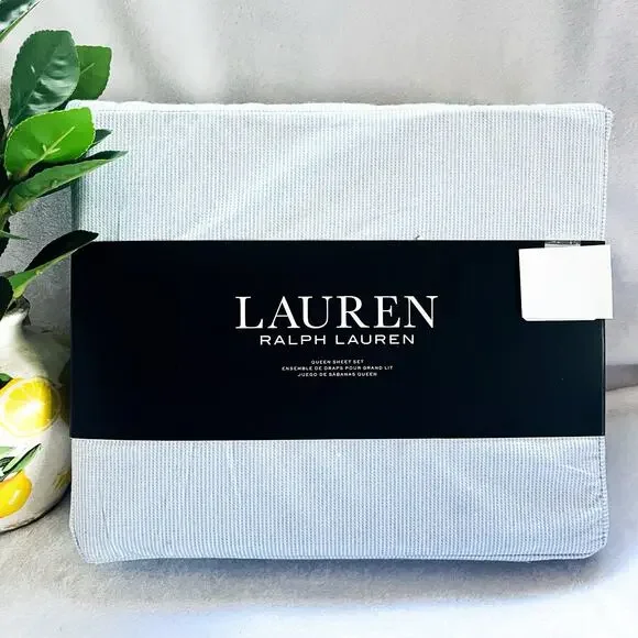 NEW Ralph Lauren Cotton Deep Fitted Sheet Set Blue White Stripe Queen Size