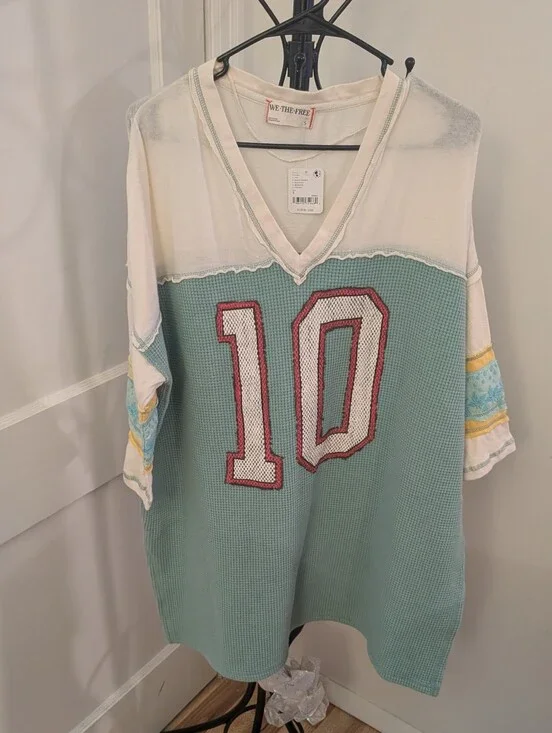 Free People Cream & Mint Green Waffle Knit Top Size Small