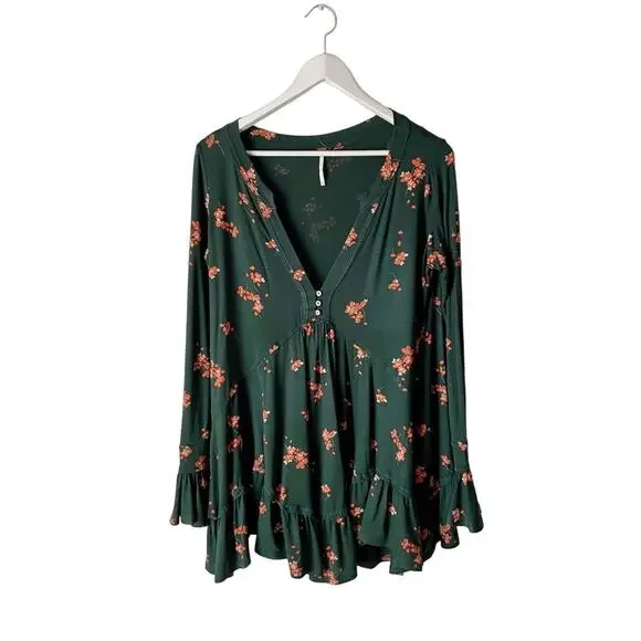 Free People Oversized Green Floral Ruffled Blouse Size XS