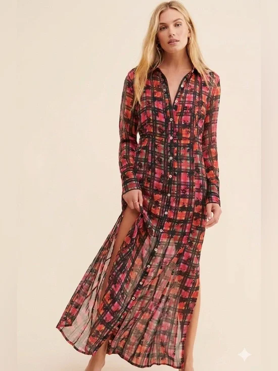 Free‎ People/UO Jerra Maxi 2 in one Shirtdress Plaid-Small