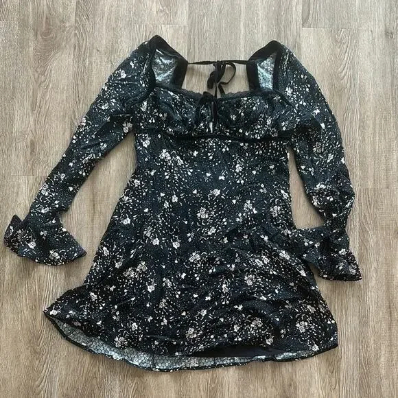 Free People Tess Mini Dress Black‎ & Tan Floral Size Medium