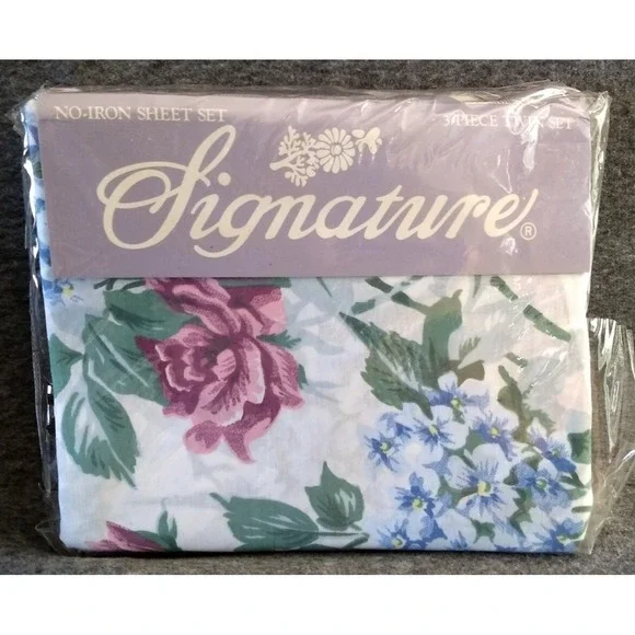 Signature Twin Sheet Set 3Pc Hydrangea‎ Floral Blue Purple Green No Iron NEW NOS