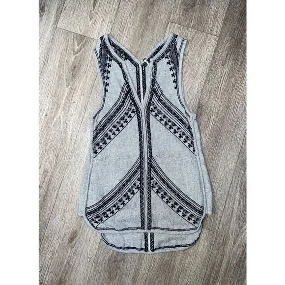 Free People Gray Burlap Embroidered Tunic XS Boho Hippie