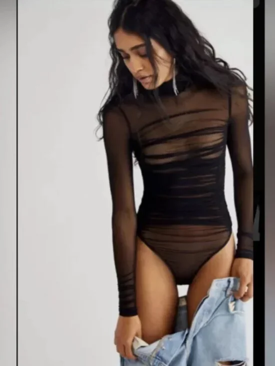 Intimately Free People Under It All Mesh Ruched Bodysuit Medium Black