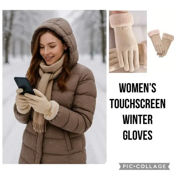Women’s Beige Thermal Winter Gloves Faux Fur Cuff Touchscreen Compatible