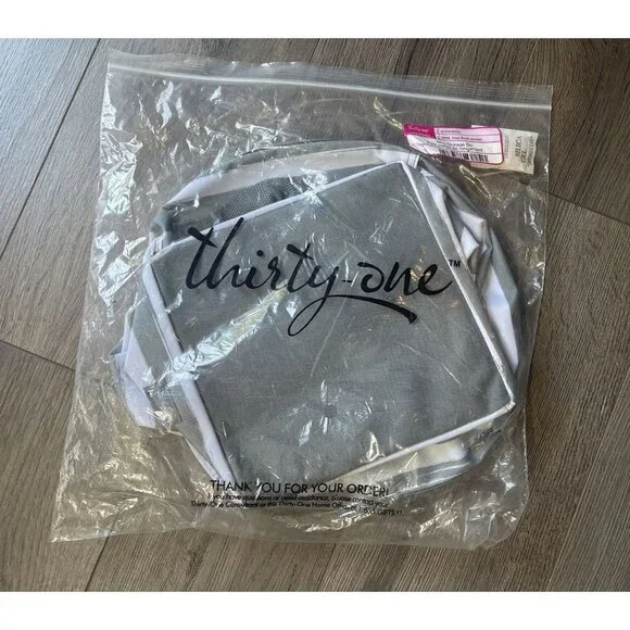 Thirty One Mini Storage Bin Tote Gray White Brush Strokes Collapsible Round NEW‎