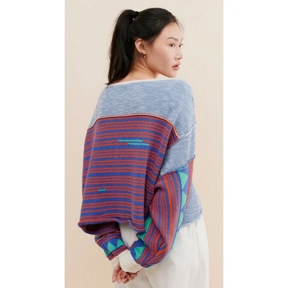 Free People Blue Medium, Bohemian, Oversized, Patchwork Sweater