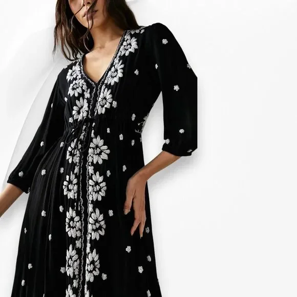Free People Embroidered Fable Midi Dress Black White Midi Maxi Size S