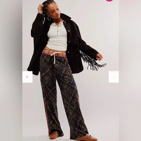 NWT FREE PEOPLE Hudson Canyon Printed Pants-Brown Combo/Animal Plaid XS