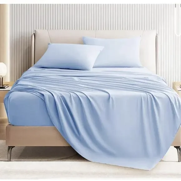 Queen Size 4 Piece Sheet Set Cooling Bed Sheets Deep Pockets Light Blue