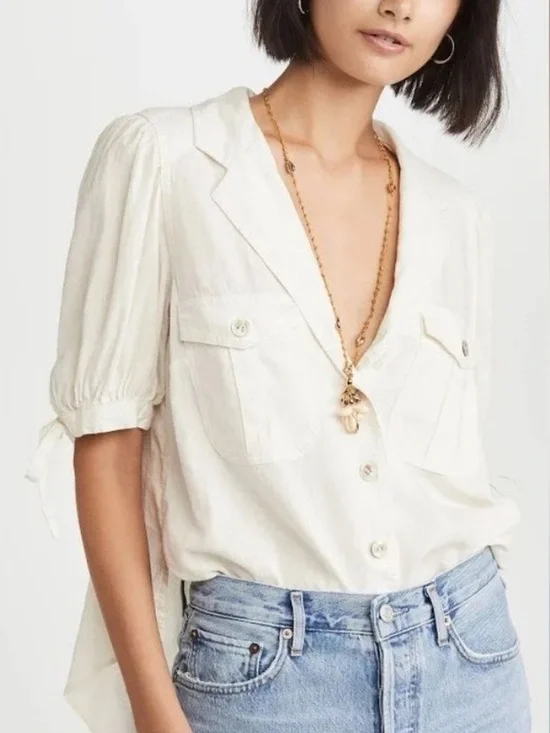 Free People Safari Babe Linen Blend Tie Puff Sleeve Top In Angel Food Small