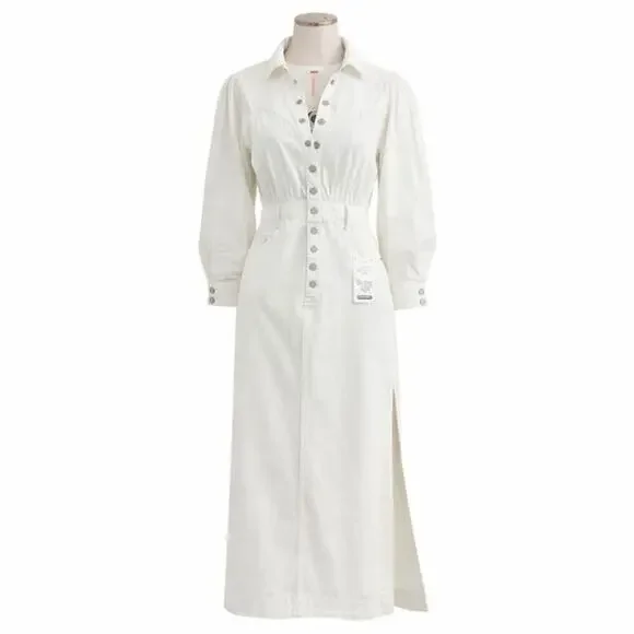 Free People Mad Love White Denim Midi Dress • Size Small • NWT