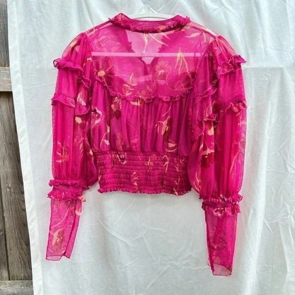 Free People Magenta Floral Ruffle Trim Sheer Long Sleeve Blouse Top‎