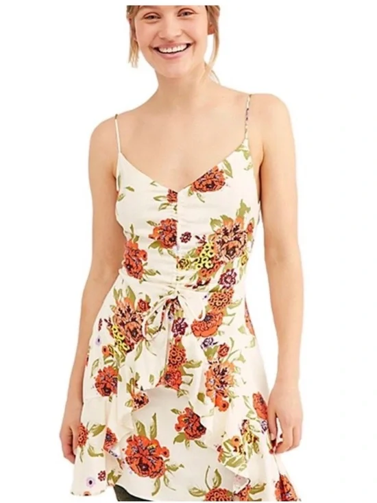 Free People White Floral Smocked Sundress with Orange &‎ Green Print
