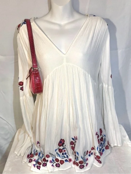 Free People Embroidered Boho Peasant Tunic Blouse Cream Floral XS