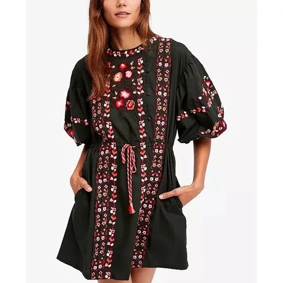 Free People Havana‎ Asymmetrical Embroidered Peasant Dress XS Green Floral