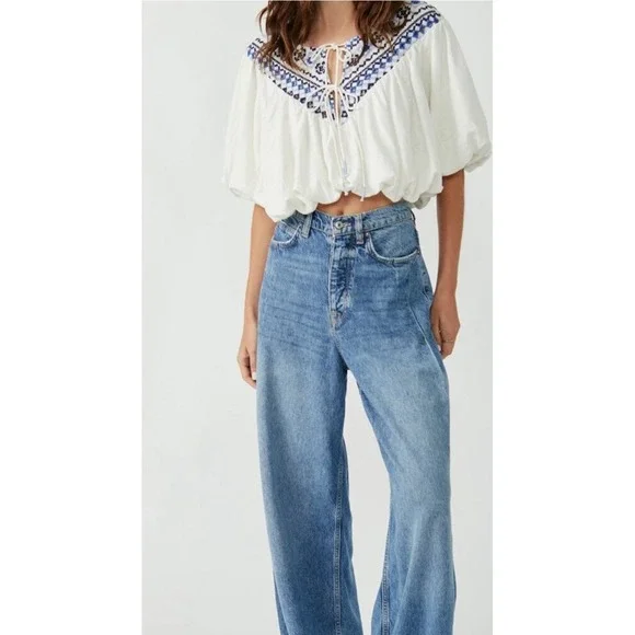 Free People Embroidered Lace Up Puff‎ Sleeve Peasant Blouse Top White  S
