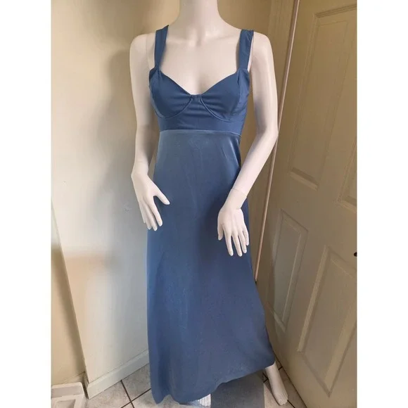 Free People Blue Satin Maxi Dress Open Back Tie Sweetheart Neckline Evening‎