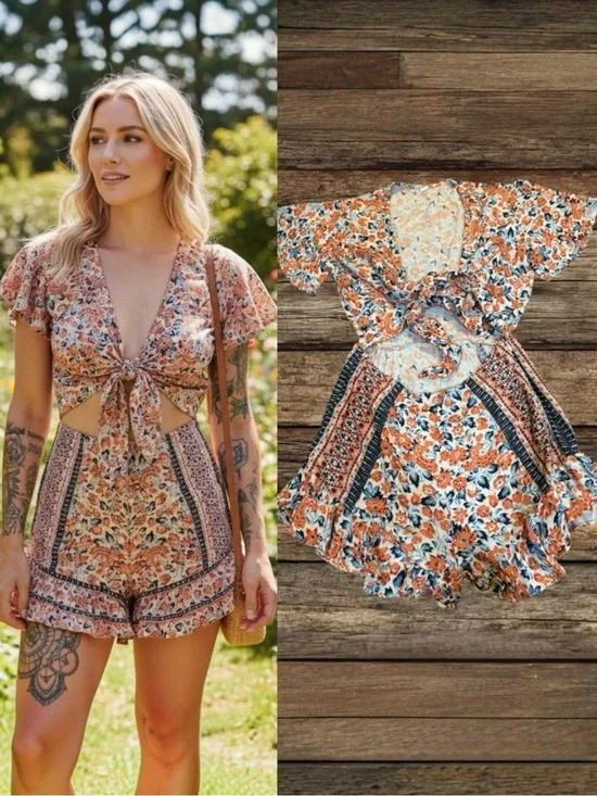 Free People Surf Date Romper Orange Floral Cut Out Tie Front Boho Size XS