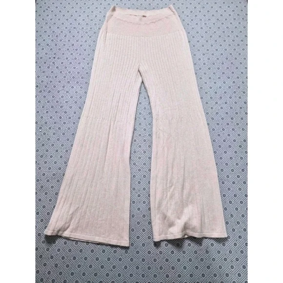 Free People Ribbed Wide Leg Lounge Pants Blush Pink Knit Flare‎ Size L