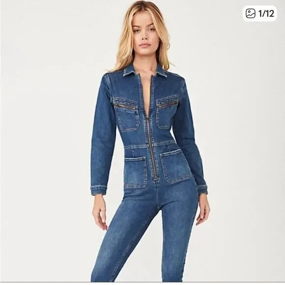 Free People Lennox Blue Denim Coverall Jumpsuit Zip Front Utility Fitted M