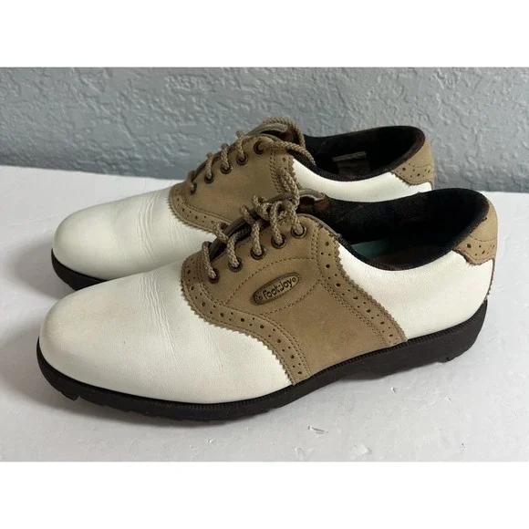 FootJoy‎ Women's 7.5M White/Tan Golf Lace Up Cleat Shoes 98776