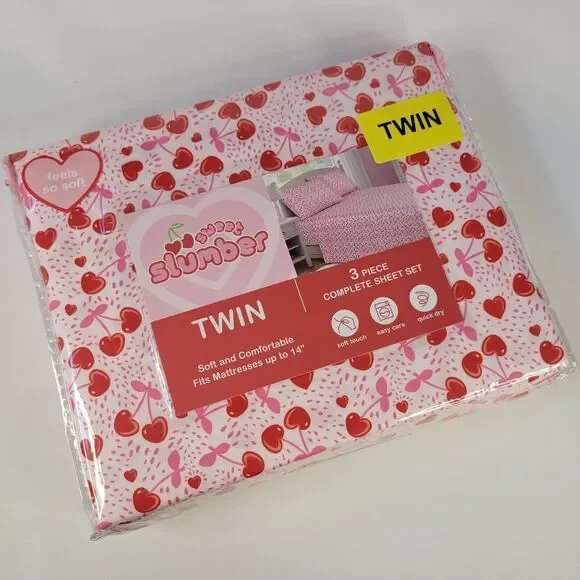 Valentines Day Cherries Red Pink Hearts 3pc TWIN Sheets Set Cherry Sweet Love