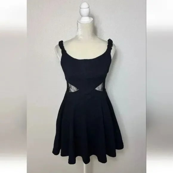 Free People Brooklyn Mini Skater A Line Dress Lace Black Textured Knit New SZ M