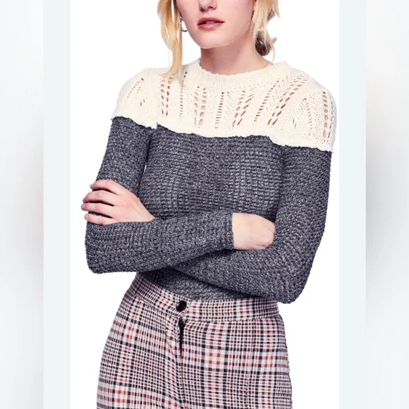 Free People Colorblock Crew Neck Sweater Gray‎ & Cream Boho Cottagecore Academia