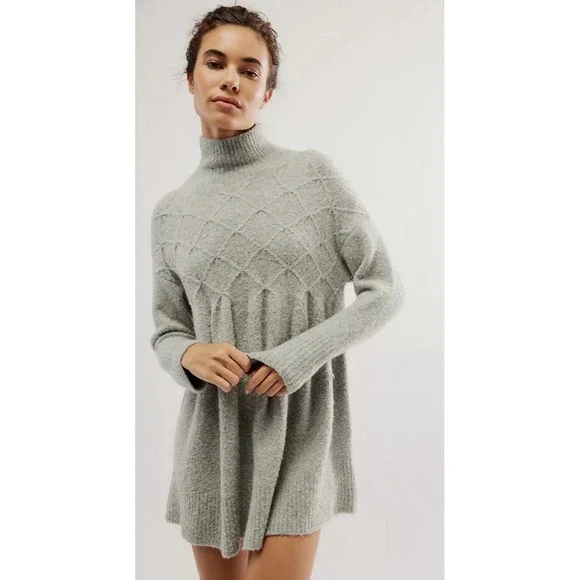 Free People Jaci‎ Sweater Dress XS Gray Mock Neck Babydoll Wool Blend