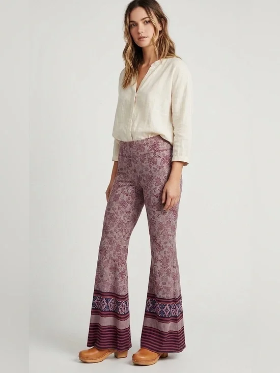 Free People Floral Border Print Pull-On Bell Bottom Flare Pants Pink Burgundy M
