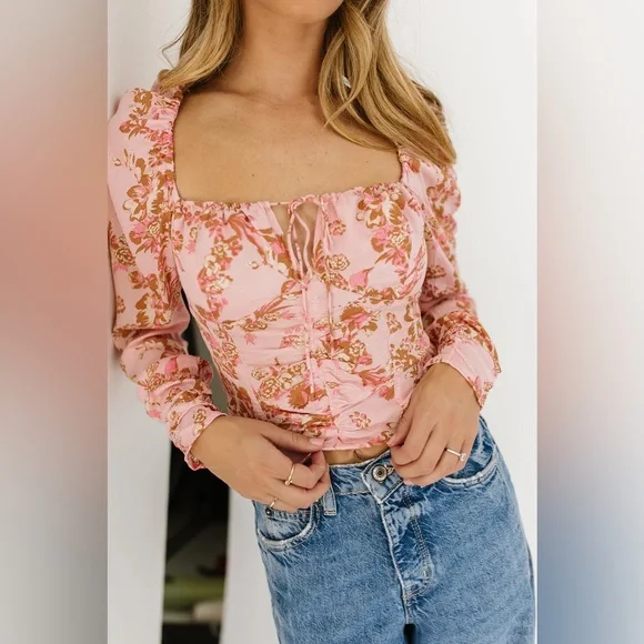 Free People‎ Hilary Floral Printed Long Sleeve Top Pink Womens Size Small