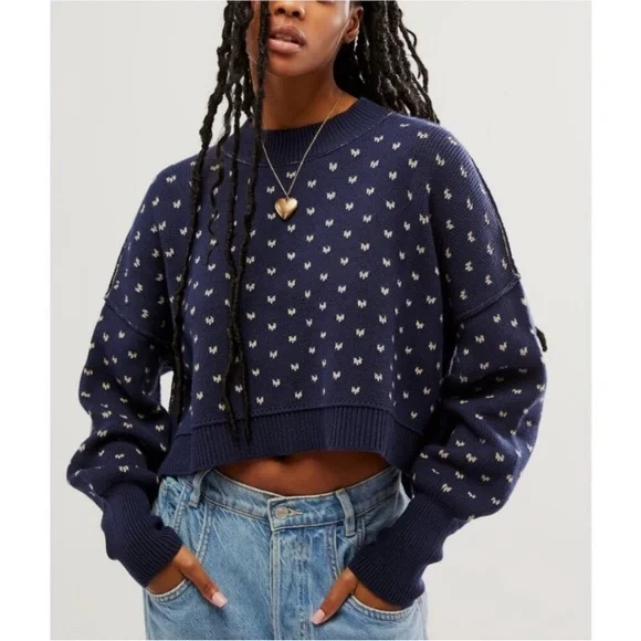 NWT Free People Easy Street Patterned Crop Pullover‎ Blue and White Sweater