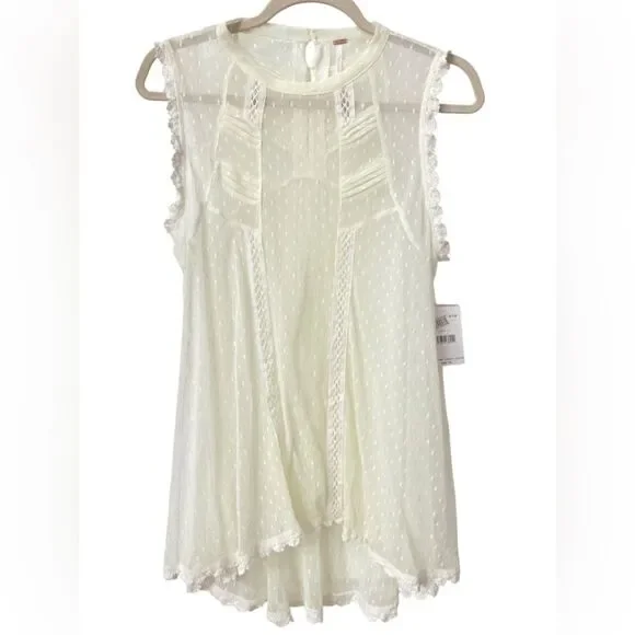 Free People Flowy Sheer Lightweight Delicate Lace Detail Ivory Top. Large. NEW.