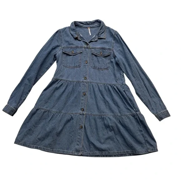 Free People Nicole Denim Shirt Dress Women's Large Blue Tiered Button Up Western