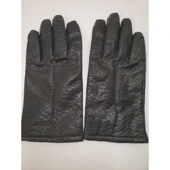 LADIES BLACK LEATHER WINTER GLOVES ACRYLIC KNIT‎ LINING SIZE MEDIUM CLEAN