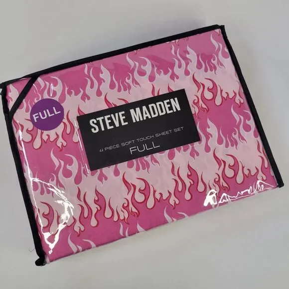 Hot Pink Fire Flames Print 4pc FULL Sheets Set White Red Harley Girl Biker Chic