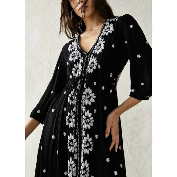 Free People Embroidered Fable Midi Dress Black White Floral Small