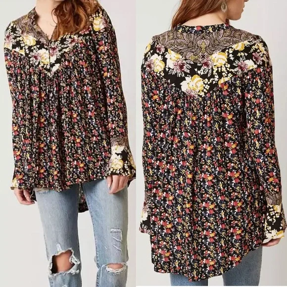 Free People Wildflower Fields Henley Top Ditzy Floral Black Long Sleeve XS Rayon