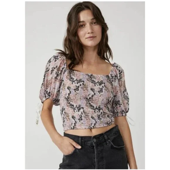 Free‎ People Back On Top Crop Smocked Shirt Blouse Puff Sleeve Size S