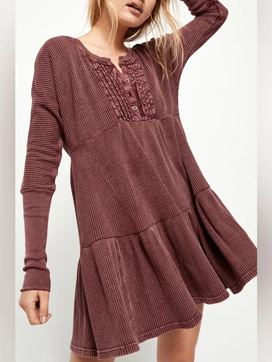 Free People Jolene Dress Womens Small Red Thermal Henley Trapeze Tunic Mini