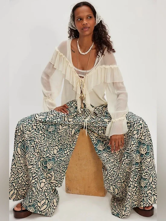 Free People Miss You Most Printed Wide Leg Pants NWT Ivory Dark Teal Black