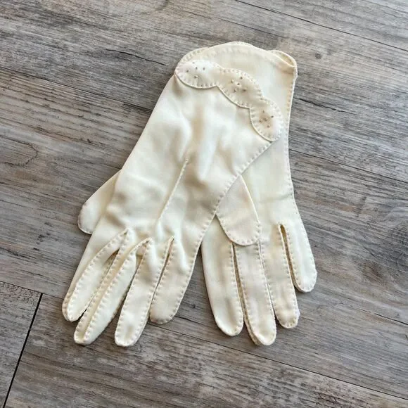Vintage 60s White Gloves Beading Stitching Off White Cream Antique
