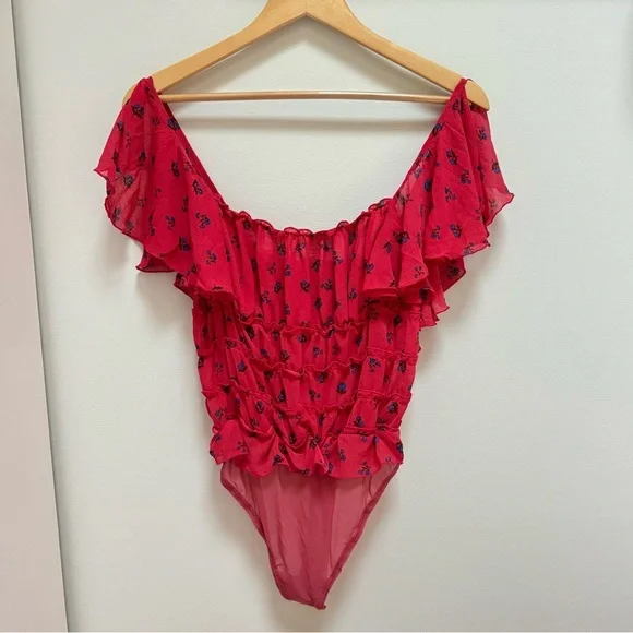Free People Intimacy Bodysuit Red‎ with Blue Flowers Size Small