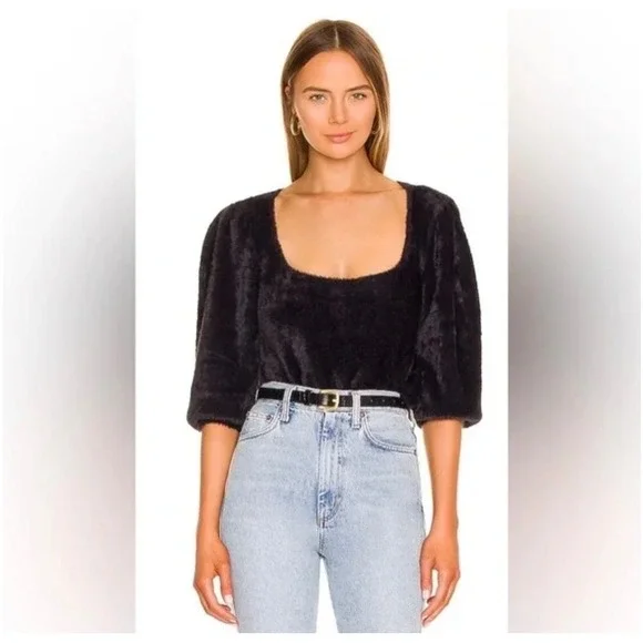 Free People‎ Moonbeam Pullover Black Fuzzy Square Neck Puff Sleeve Crop Sweater