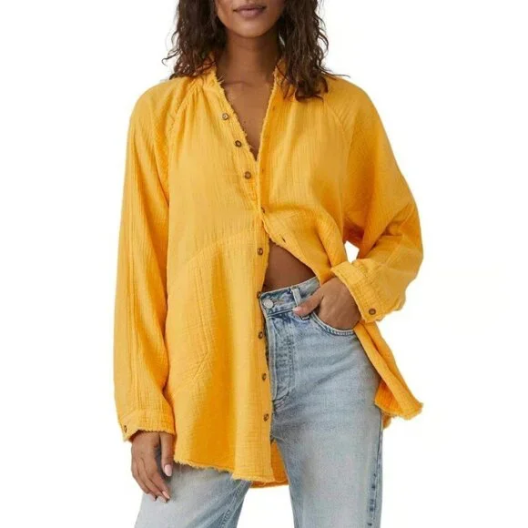 NEW Free People Mustard Button-Down Oversized Crinkled Frayed Hem Tunic Shirt 66