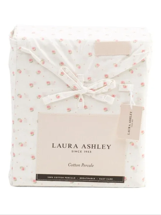 Laura Ashley QUEEN Ruffled Sheet Set Pink  Floral Percale Cotton Cottagecore