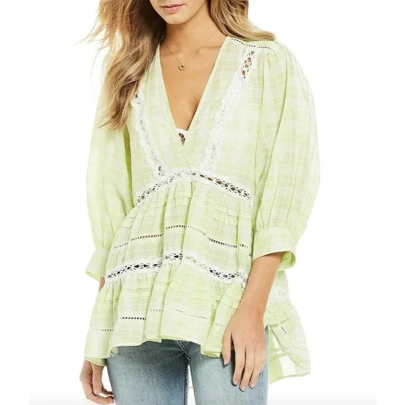 Free People Lime Green Time Out Plaid Crochet Lace‎ Babydoll Tunic Top Small