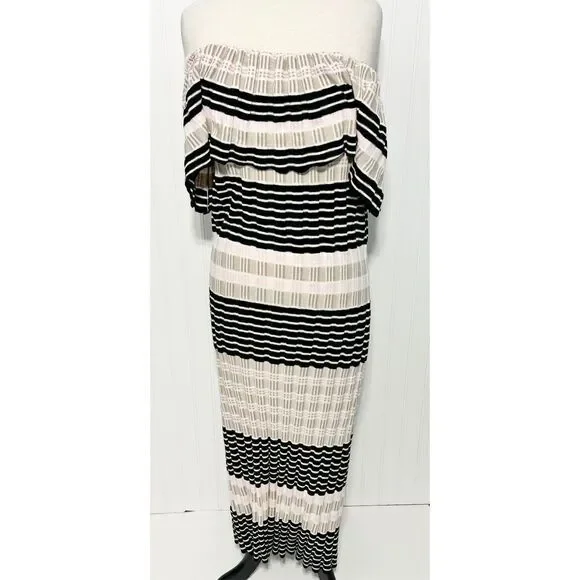 Free People Off Duty Striped‎ Off the Shoulder Midi Sweater Dress Tan Pink Large